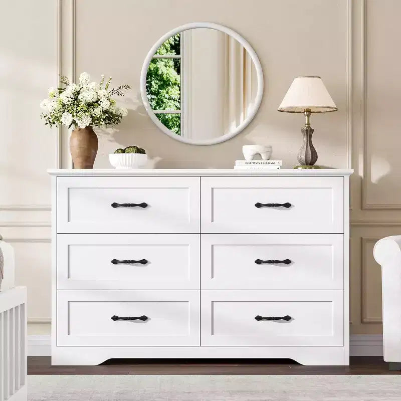 Commode 6 tiroirs pour chambre à coucher, armoire de rangement en bois de 47 po avec poignées en métal, commode moderne pour salon, couloir, placard