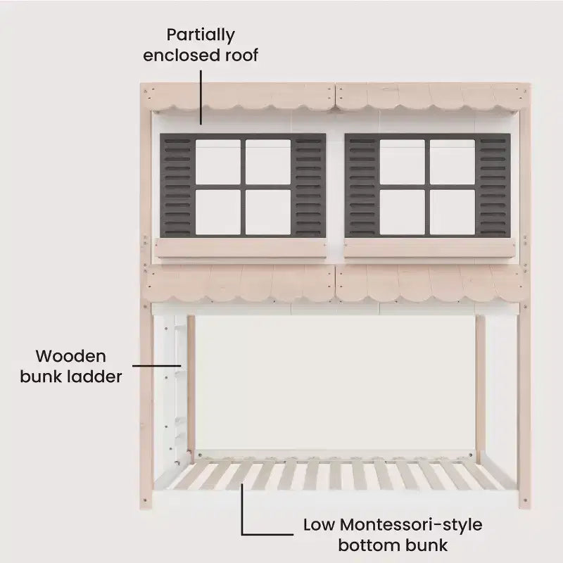 Lit superposé cabane Child Craft pour enfants, lit superposé Montessori bas en bois, échelle d'accès facile à la couchette supérieure