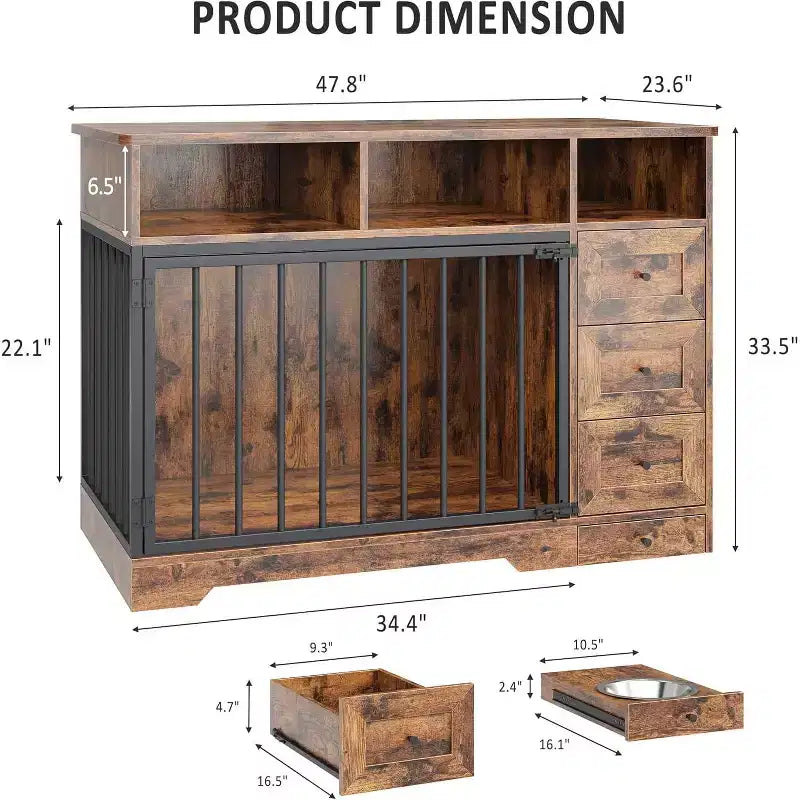 48Table d'appoint pour niche de chien de ferme avec gamelle coulissante et tiroirs de rangement, niche de chien robuste pour chiens de petite et moyenne taille à l'intérieur
