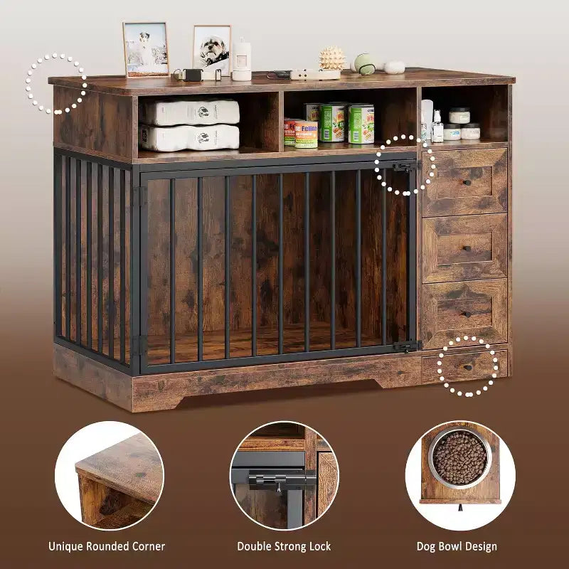 48Table d'appoint pour niche de chien de ferme avec gamelle coulissante et tiroirs de rangement, niche de chien robuste pour chiens de petite et moyenne taille à l'intérieur