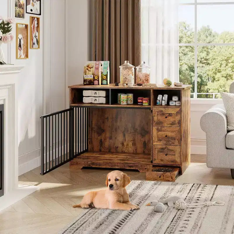 48Table d'appoint pour niche de chien de ferme avec gamelle coulissante et tiroirs de rangement, niche de chien robuste pour chiens de petite et moyenne taille à l'intérieur