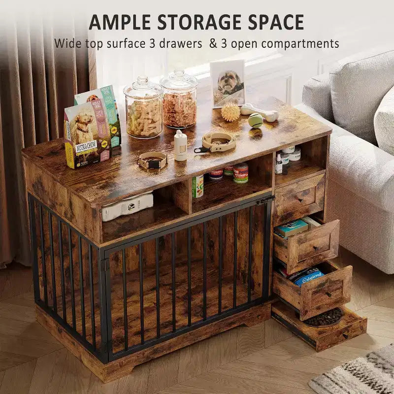 48Table d'appoint pour niche de chien de ferme avec gamelle coulissante et tiroirs de rangement, niche de chien robuste pour chiens de petite et moyenne taille à l'intérieur