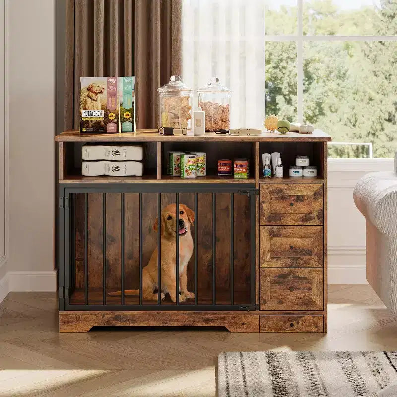 48Table d'appoint pour niche de chien de ferme avec gamelle coulissante et tiroirs de rangement, niche de chien robuste pour chiens de petite et moyenne taille à l'intérieur