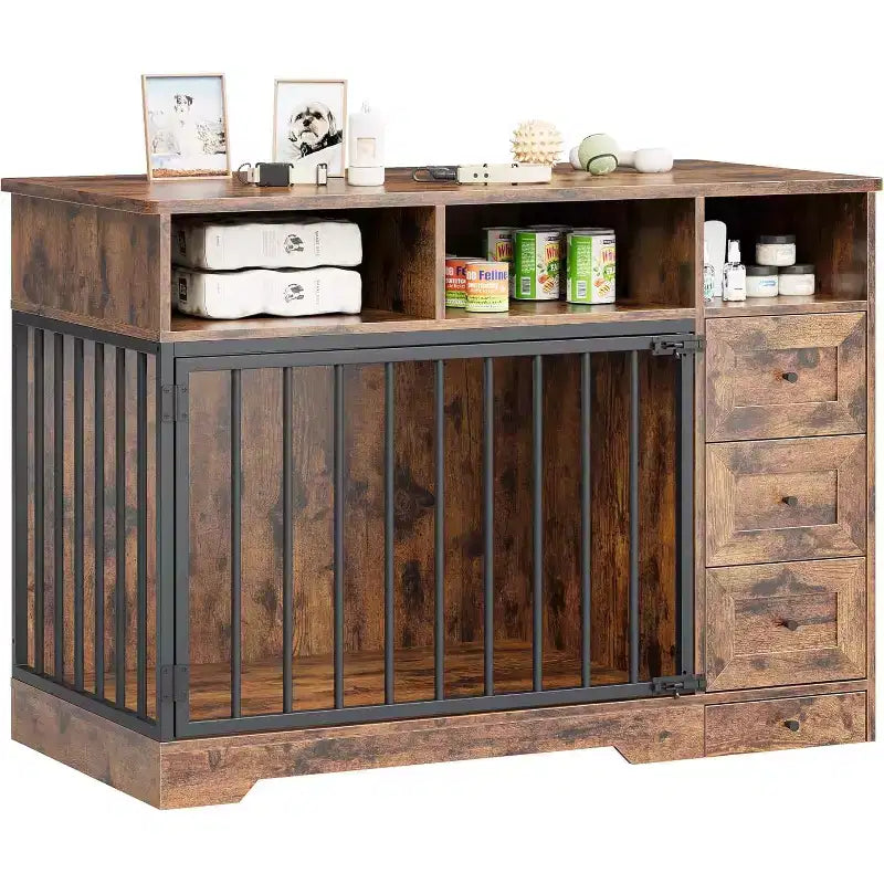 48Table d'appoint pour niche de chien de ferme avec gamelle coulissante et tiroirs de rangement, niche de chien robuste pour chiens de petite et moyenne taille à l'intérieur
