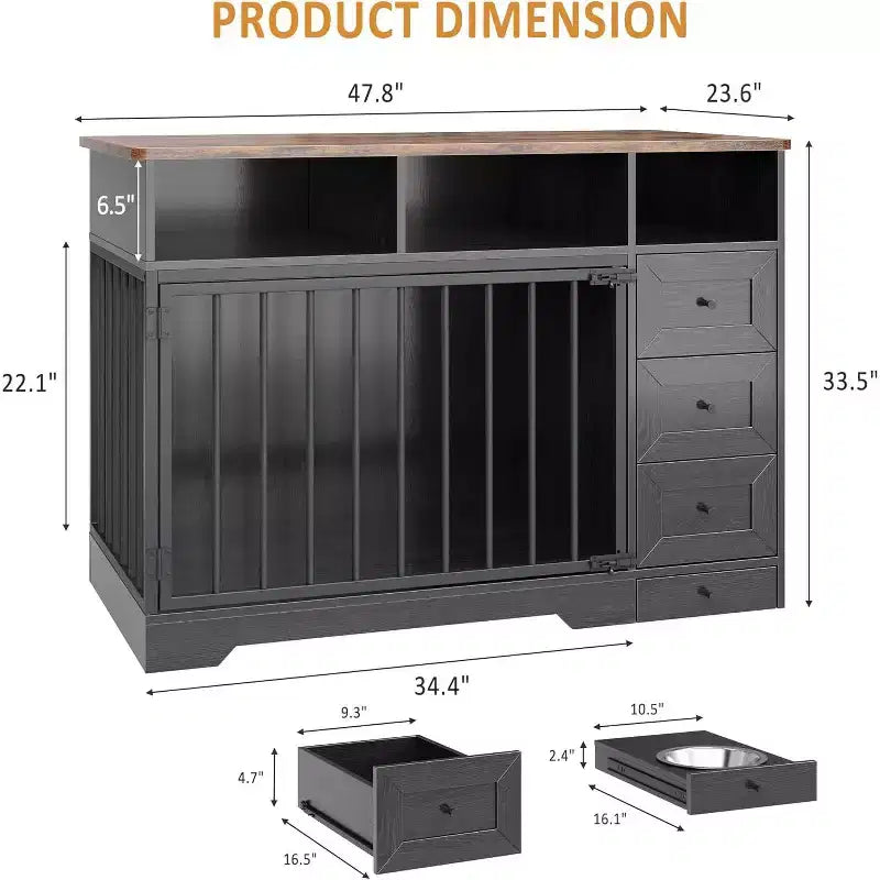 48Table d'appoint pour niche de chien de ferme avec gamelle coulissante et tiroirs de rangement, niche de chien robuste pour chiens de petite et moyenne taille à l'intérieur