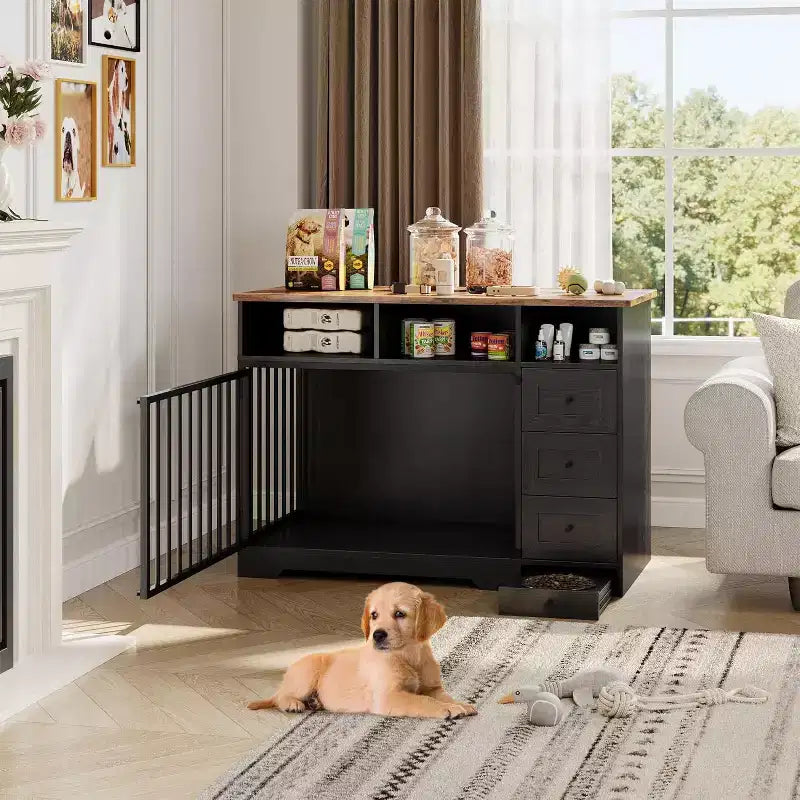 48Table d'appoint pour niche de chien de ferme avec gamelle coulissante et tiroirs de rangement, niche de chien robuste pour chiens de petite et moyenne taille à l'intérieur