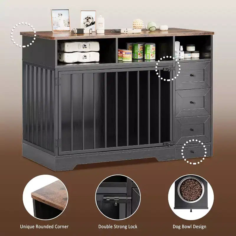 48Table d'appoint pour niche de chien de ferme avec gamelle coulissante et tiroirs de rangement, niche de chien robuste pour chiens de petite et moyenne taille à l'intérieur