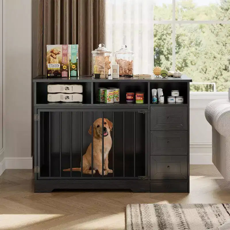48Table d'appoint pour niche de chien de ferme avec gamelle coulissante et tiroirs de rangement, niche de chien robuste pour chiens de petite et moyenne taille à l'intérieur