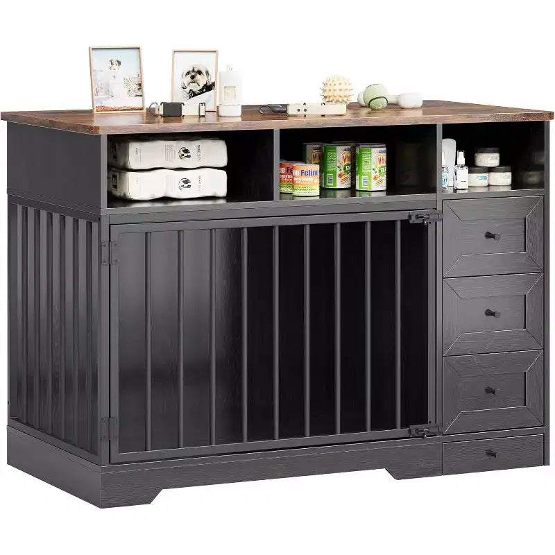 48Table d'appoint pour niche de chien de ferme avec gamelle coulissante et tiroirs de rangement, niche de chien robuste pour chiens de petite et moyenne taille à l'intérieur