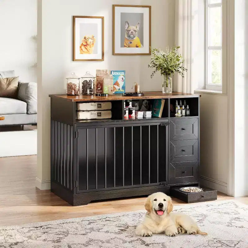 48Farmhouse Dog Crate Furniture End Table with Pull-Out Bowl&amp;Storage Drawers,Heavy Duty Dog Kennel Furniture for Small&amp;Medium Dogs Indoor Dogs House