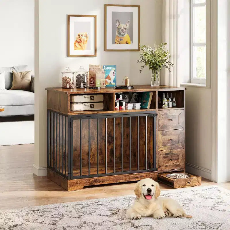 48Table d'appoint pour niche de chien de ferme avec gamelle coulissante et tiroirs de rangement, niche de chien robuste pour chiens de petite et moyenne taille à l'intérieur