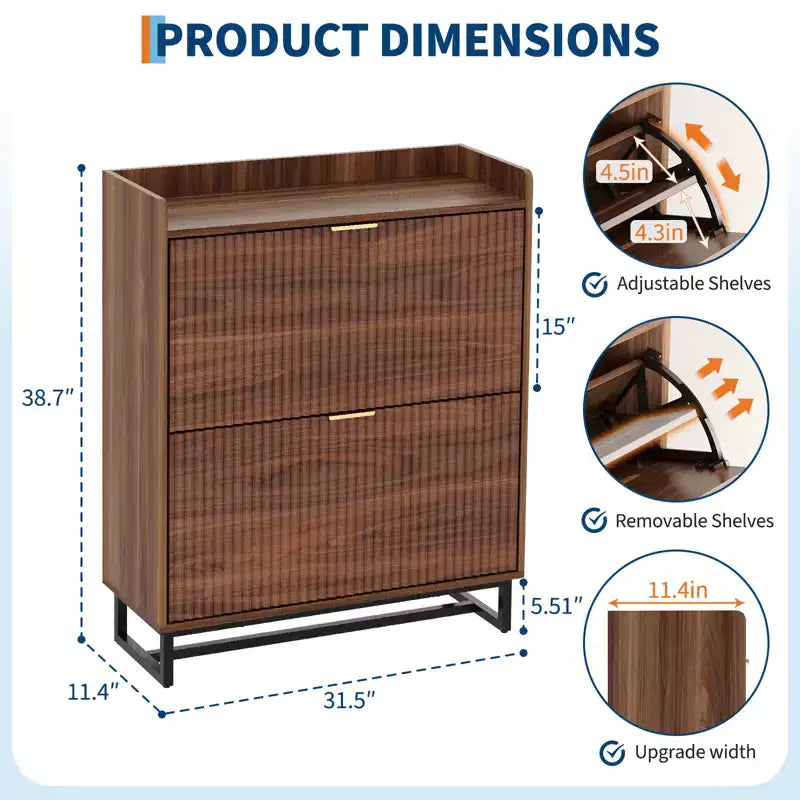 Meuble à chaussures avec 2 tiroirs basculants, armoire de rangement étroite en bois rainuré pour l'entrée, noyer