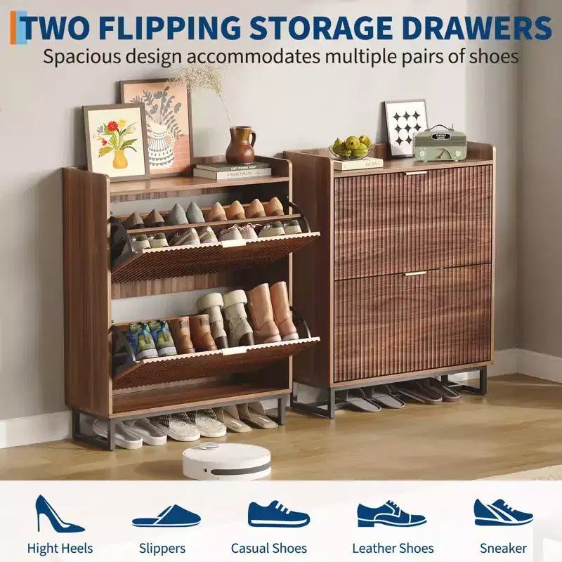 Meuble à chaussures avec 2 tiroirs basculants, armoire de rangement étroite en bois rainuré pour l'entrée, noyer