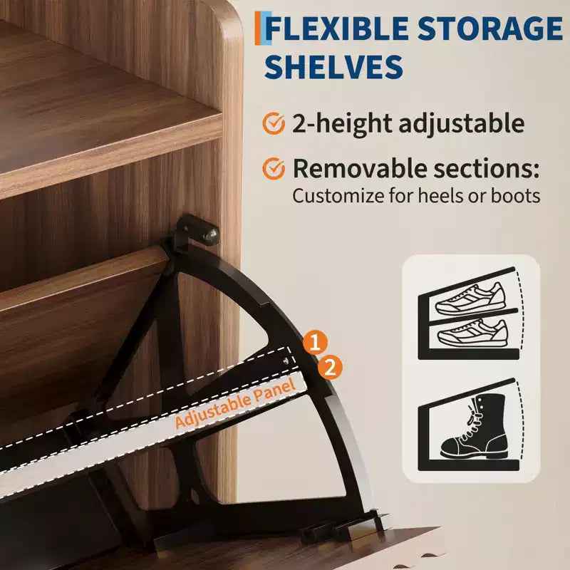 Meuble à chaussures avec 2 tiroirs basculants, armoire de rangement étroite en bois rainuré pour l'entrée, noyer