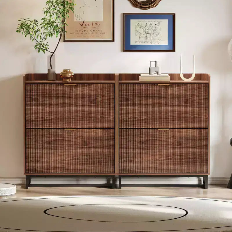 Meuble à chaussures avec 2 tiroirs basculants, armoire de rangement étroite en bois rainuré pour l'entrée, noyer