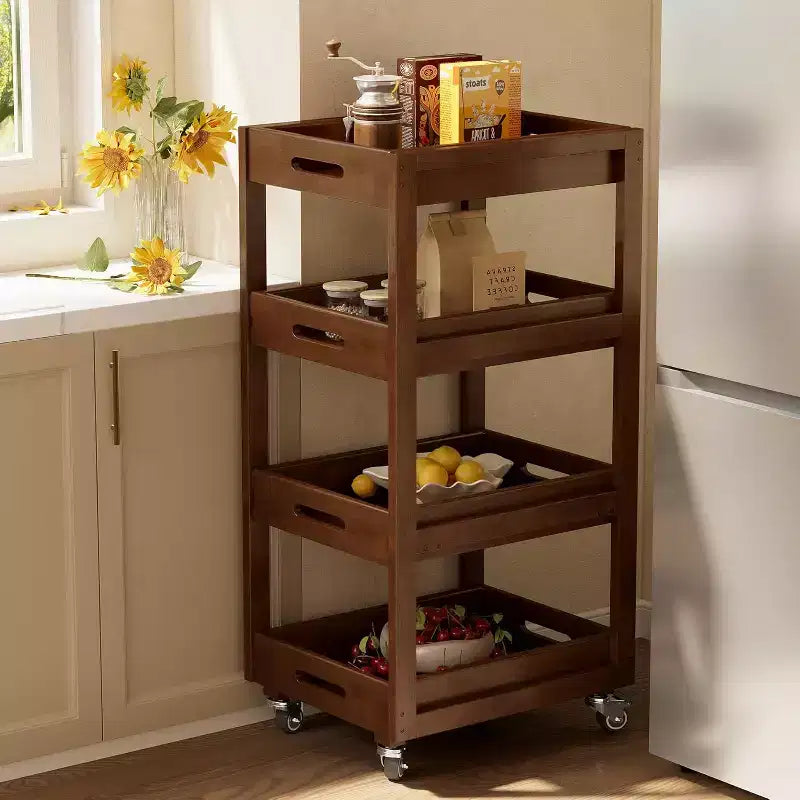 Lantine Solid Wood Storage Cart, 4-Tier Slim Mobile Kitchen Rolling Cart with Wheels for Small Space, Living Room, Dining Room, Laundry, Walnut