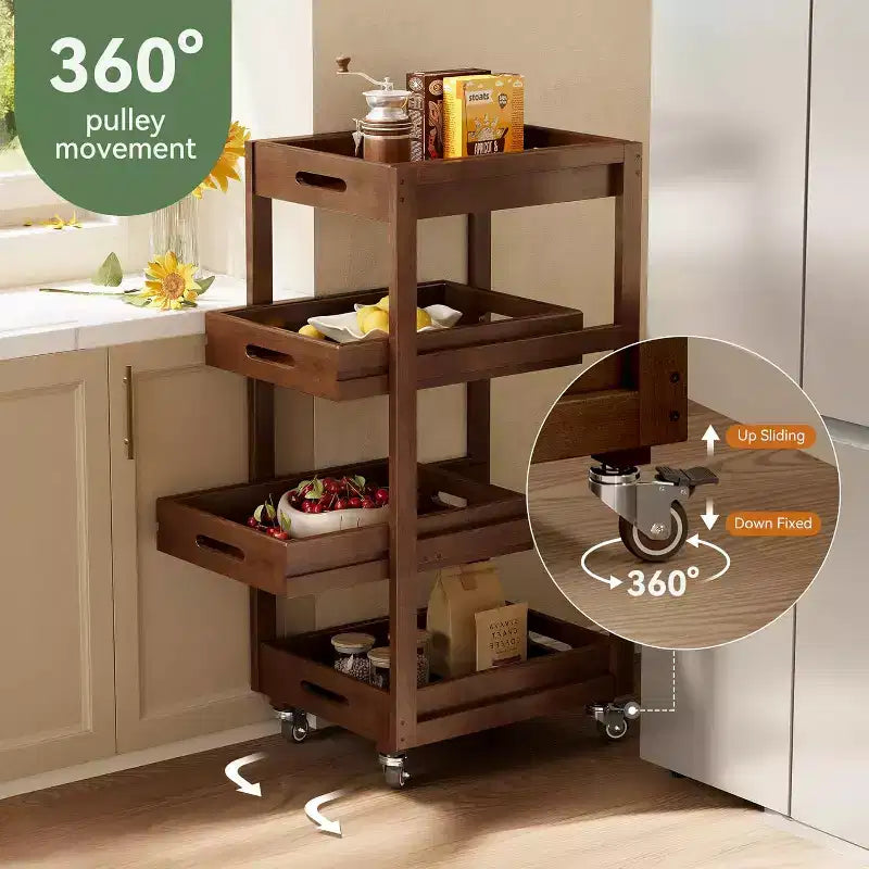 Chariot de rangement en bois massif, desserte roulante mince à 4 niveaux avec roues pour petits espaces, salon, salle à manger, buanderie, noyer