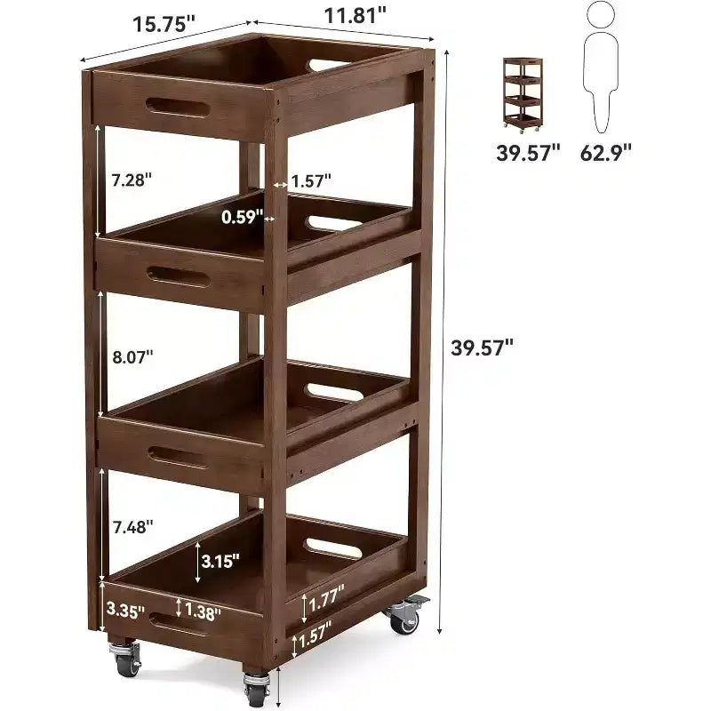 Chariot de rangement en bois massif, desserte roulante mince à 4 niveaux avec roues pour petits espaces, salon, salle à manger, buanderie, noyer