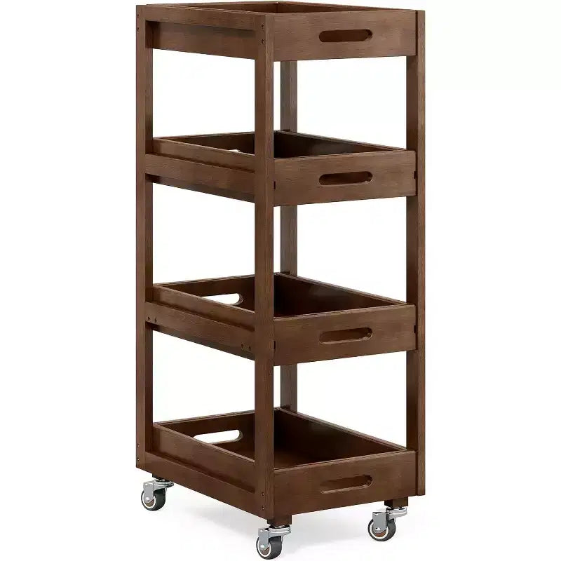 Chariot de rangement en bois massif, desserte roulante mince à 4 niveaux avec roues pour petits espaces, salon, salle à manger, buanderie, noyer