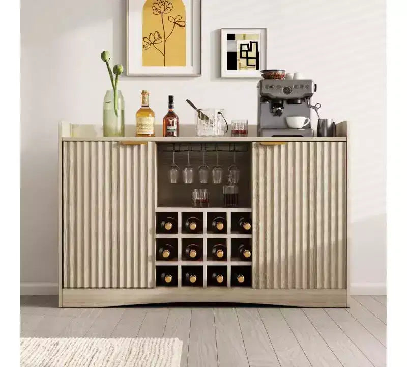 47'' Fluted Wine Bar Cabinet with 9 Glass Holder and 12 Wine Racks - Liquor &amp; Coffee Bar Cabinet with Storage for Home - Large Sideboard with 2 Doors