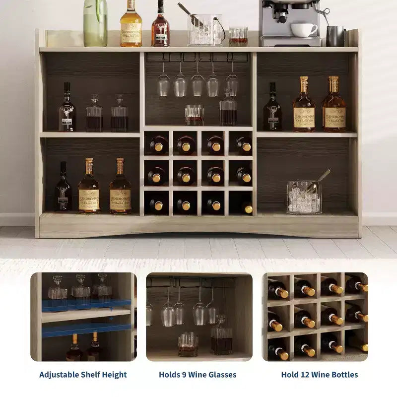 Meuble de bar à vin cannelé de 120 cm avec 9 porte-verres et 12 casiers à vin - Meuble de bar à liqueur et à café avec rangement pour la maison - Grand buffet avec 2 portes