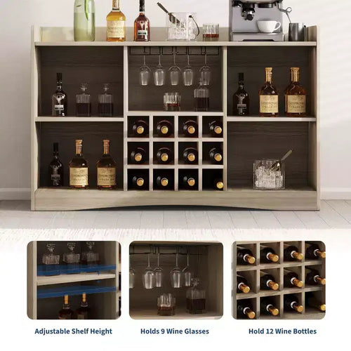 Meuble de bar à vin cannelé de 120 cm avec 9 porte-verres et 12 casiers à vin - Meuble de bar à liqueur et à café avec rangement pour la maison - Grand buffet avec 2 portes