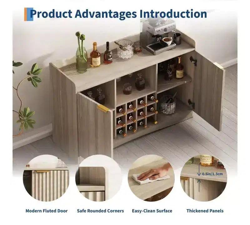 Meuble de bar à vin cannelé de 120 cm avec 9 porte-verres et 12 casiers à vin - Meuble de bar à liqueur et à café avec rangement pour la maison - Grand buffet avec 2 portes