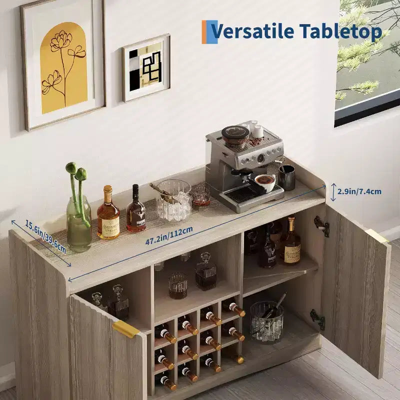 Meuble de bar à vin cannelé de 120 cm avec 9 porte-verres et 12 casiers à vin - Meuble de bar à liqueur et à café avec rangement pour la maison - Grand buffet avec 2 portes