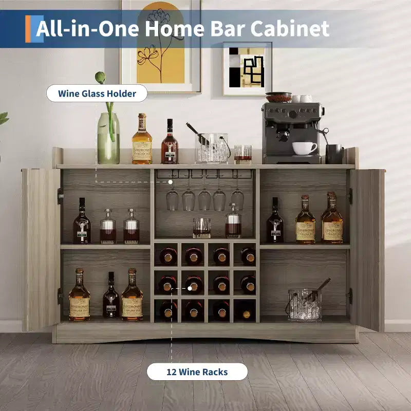 Meuble de bar à vin cannelé de 120 cm avec 9 porte-verres et 12 casiers à vin - Meuble de bar à liqueur et à café avec rangement pour la maison - Grand buffet avec 2 portes