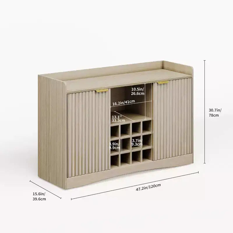 Meuble de bar à vin cannelé de 120 cm avec 9 porte-verres et 12 casiers à vin - Meuble de bar à liqueur et à café avec rangement pour la maison - Grand buffet avec 2 portes