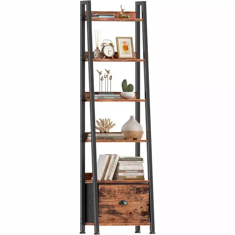 Qwatto Brown 6 Tier Ladder Bookshelf with Drawer Tall Industrial Wood Metal Freestanding Storage Rack Etagere Display Bookcase for Home Office Rooms
