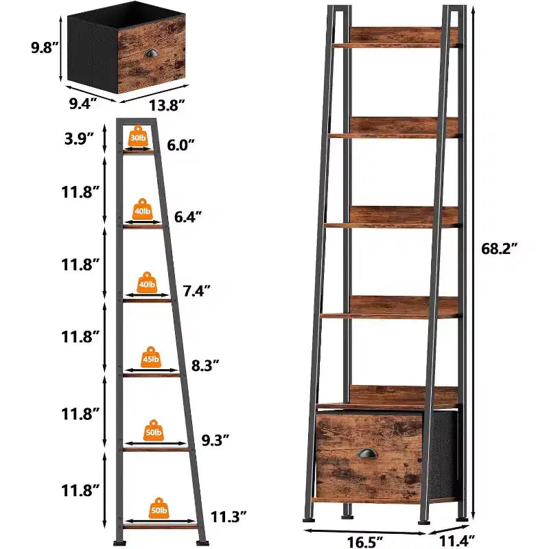 Étagère échelle marron à 6 niveaux avec tiroir, bibliothèque haute industrielle en bois et métal, étagère de rangement autoportante, bibliothèque d'exposition pour bureaux à domicile