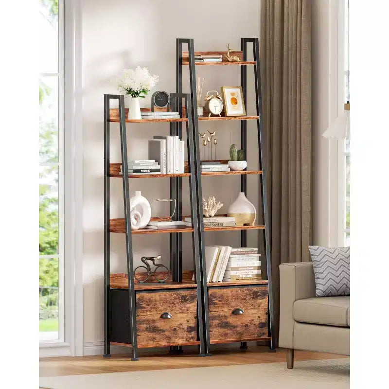 Étagère échelle marron à 6 niveaux avec tiroir, bibliothèque haute industrielle en bois et métal, étagère de rangement autoportante, bibliothèque d'exposition pour bureaux à domicile