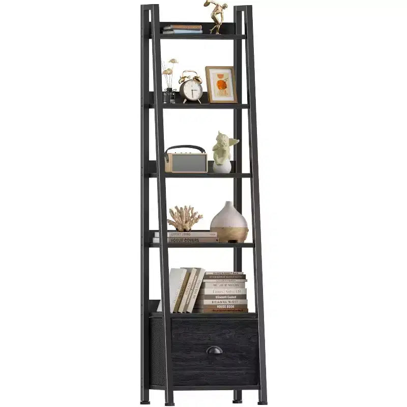 Qwatto Black 6 Tier Ladder Bookshelf with Drawer Tall Industrial Wood Metal Freestanding Storage Rack Etagere Display Bookcase for Home Office Rooms