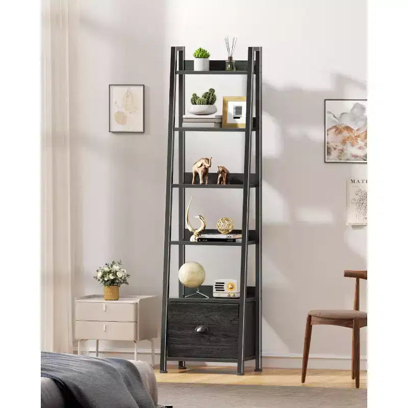 Étagère échelle noire à 6 niveaux avec tiroir, grande étagère industrielle en bois et métal, étagère de rangement autoportante, étagère de présentation pour bureaux à domicile