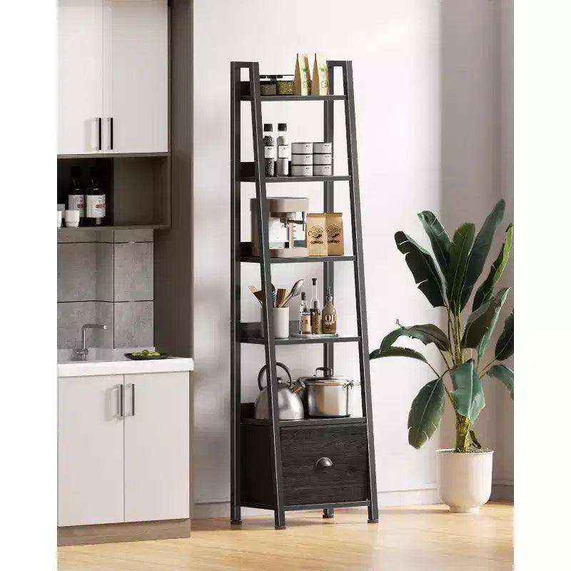 Étagère échelle noire à 6 niveaux avec tiroir, grande étagère industrielle en bois et métal, étagère de rangement autoportante, étagère de présentation pour bureaux à domicile