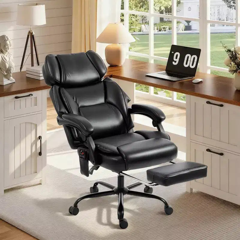 Chaise de bureau de massage vibrante HOMCOM à dossier haut, fauteuil d'ordinateur inclinable et chauffant avec repose-pieds, appui-tête réglable