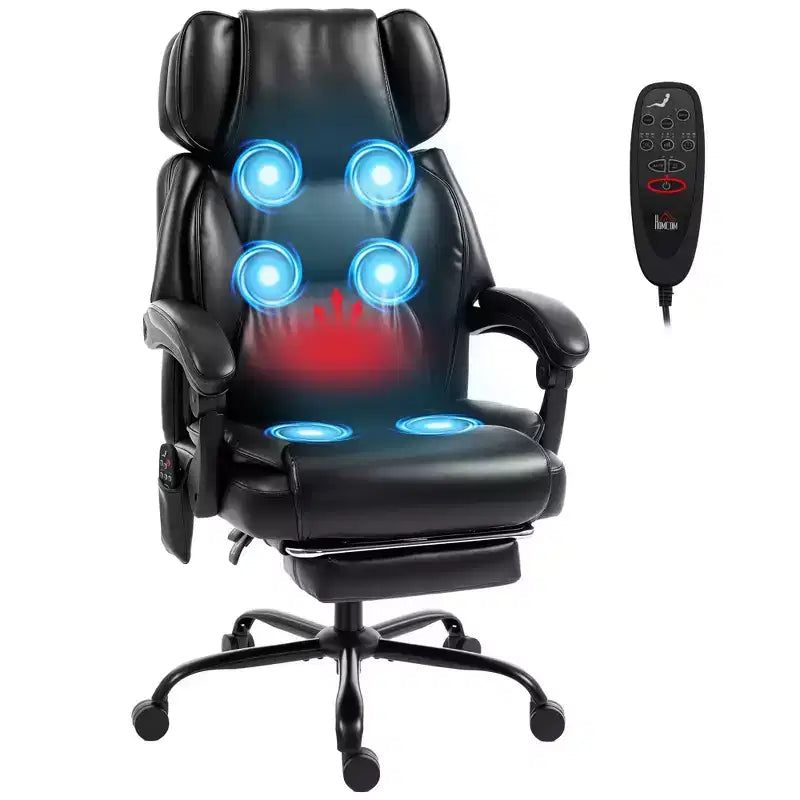 Chaise de bureau de massage vibrante HOMCOM à dossier haut, fauteuil d'ordinateur inclinable et chauffant avec repose-pieds, appui-tête réglable