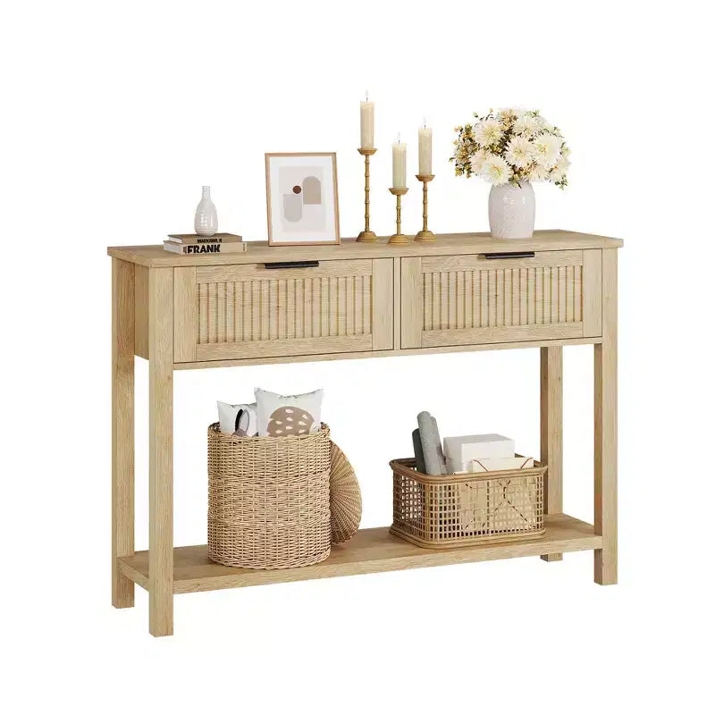 Console Sofa Table,2 Drawer Entryway Table with Wooden Surface, Open Shelf, Behind Couch Entry Foyer Hallway Storage, Natural