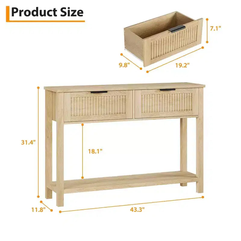 Table console pour canapé, table d'entrée à 2 tiroirs avec surface en bois, étagère ouverte, rangement derrière le canapé, dans l'entrée ou le couloir, naturelle
