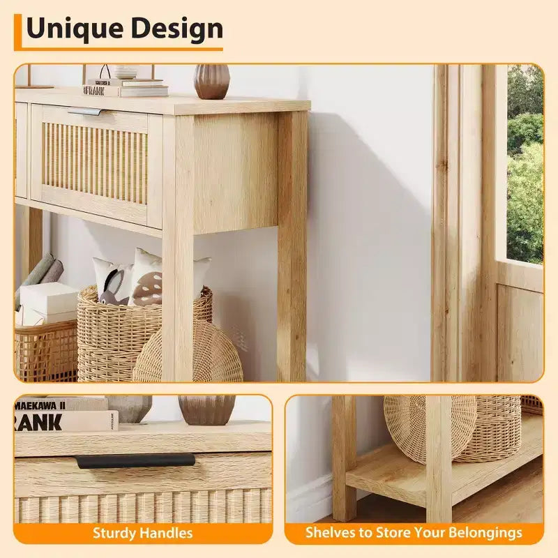 Table console pour canapé, table d'entrée à 2 tiroirs avec surface en bois, étagère ouverte, rangement derrière le canapé, dans l'entrée ou le couloir, naturelle