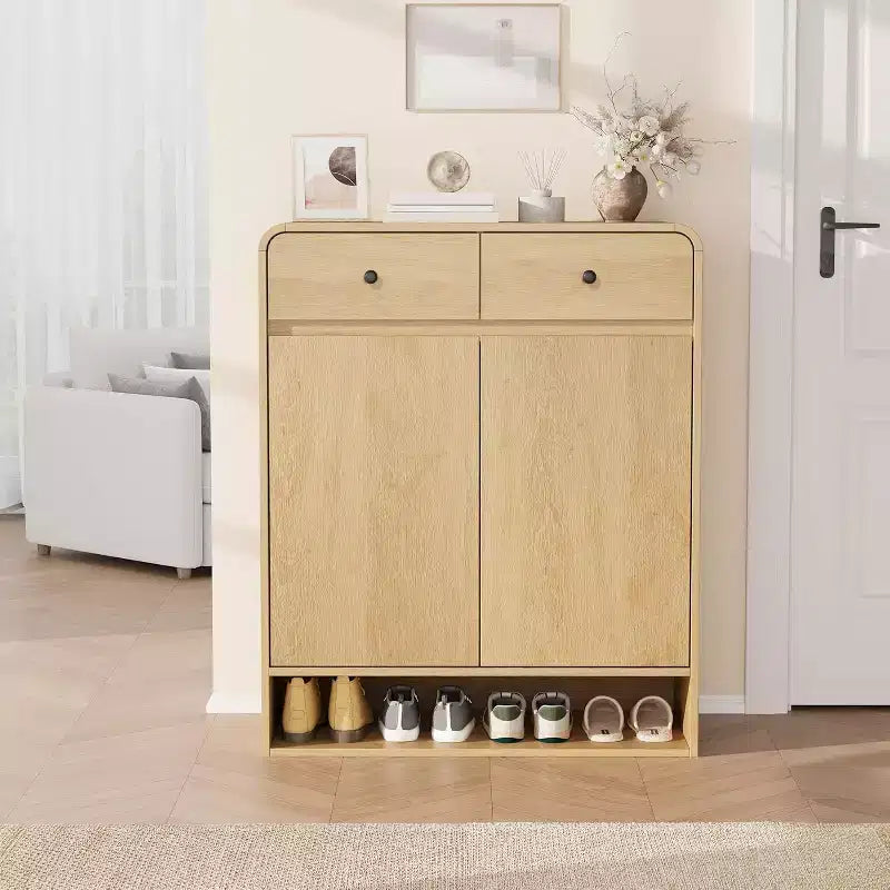 Shoe Storage Cabinet with 2 Doors and 2 Drawers, Freestanding Entryway Organizer with Rounded Corner, Large Capacity Cabinet for Hallway, Living Room