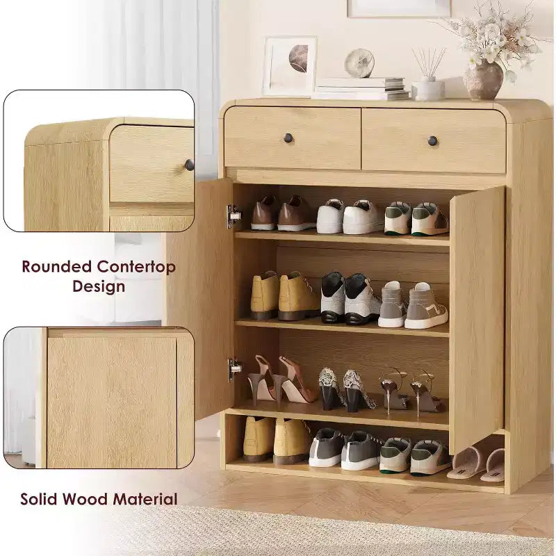 Meuble à chaussures avec 2 portes et 2 tiroirs, Organisateur d'entrée autoportant avec coins arrondis, Meuble de grande capacité pour couloir, salon