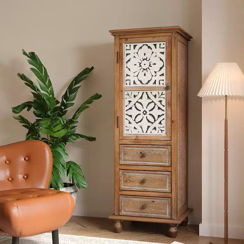 Meuble de rangement haut rustique avec porte et tiroirs à découpe florale