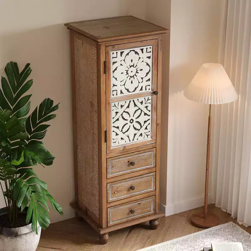 Meuble de rangement haut rustique avec porte et tiroirs à découpe florale