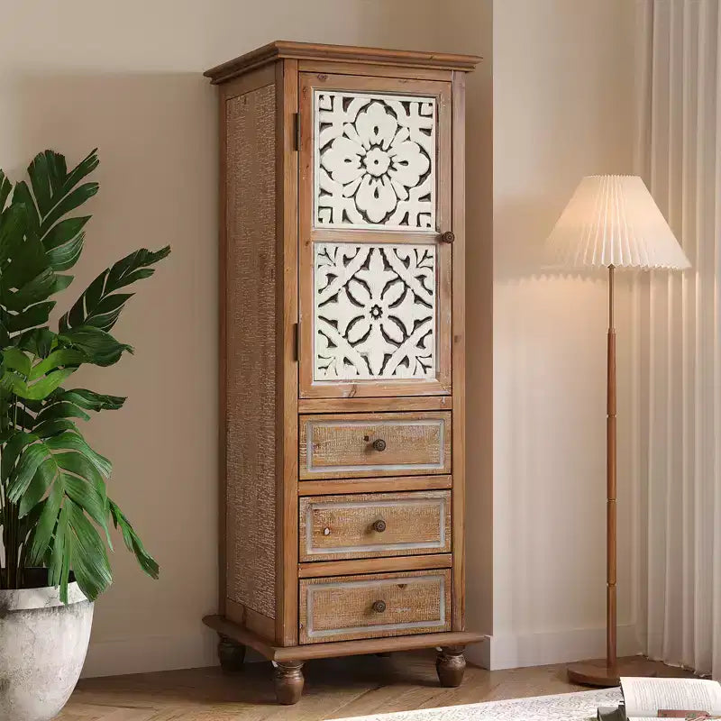 Meuble de rangement haut rustique avec porte et tiroirs à découpe florale