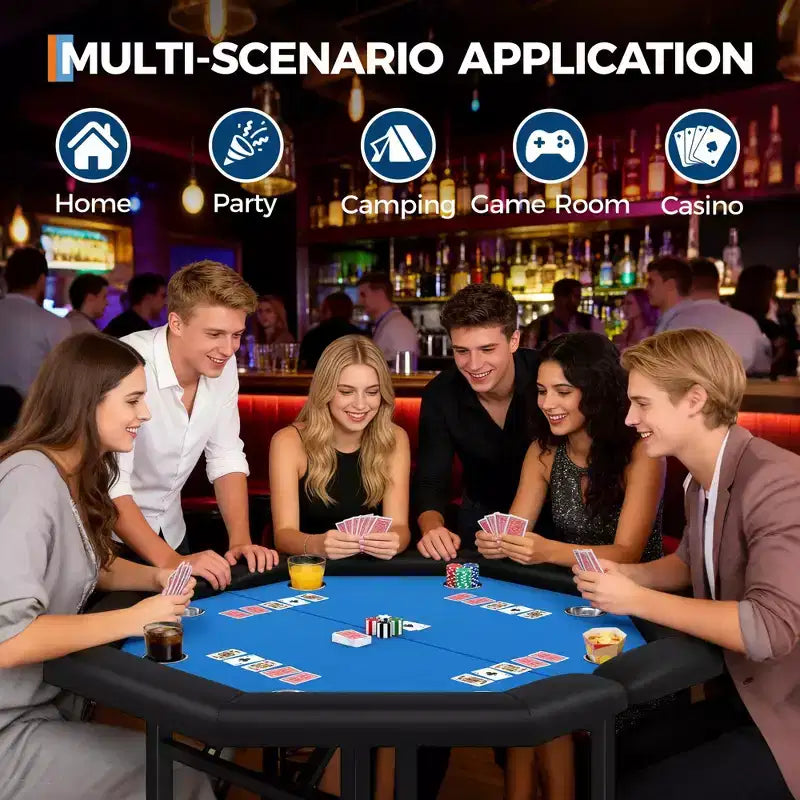 Table de poker pliante de 48 pouces, Table de jeu octogonale avec bords rembourrés, Porte-gobelets en acier inoxydable, Pieds repliables, 8 joueurs pour le Texas Hold'em