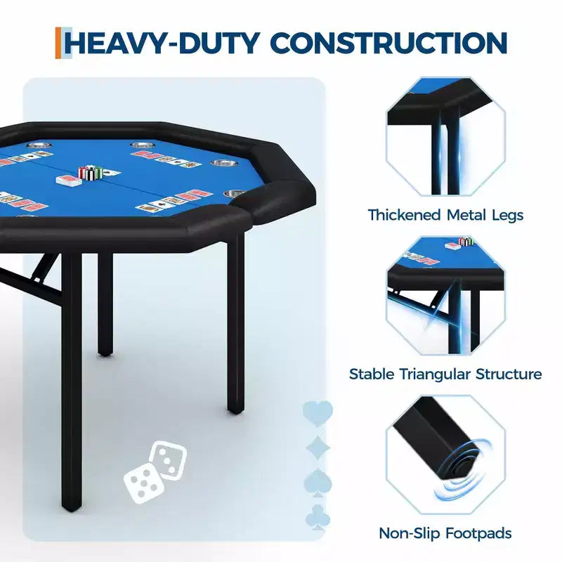 Table de poker pliante de 48 pouces, Table de jeu octogonale avec bords rembourrés, Porte-gobelets en acier inoxydable, Pieds repliables, 8 joueurs pour le Texas Hold'em