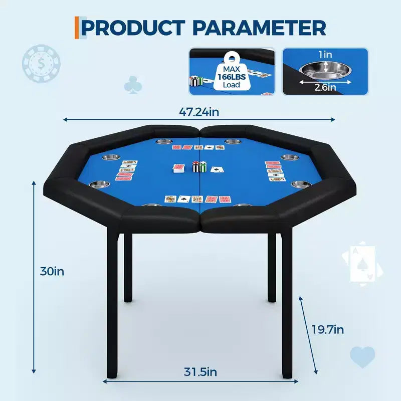 Table de poker pliante de 48 pouces, Table de jeu octogonale avec bords rembourrés, Porte-gobelets en acier inoxydable, Pieds repliables, 8 joueurs pour le Texas Hold'em