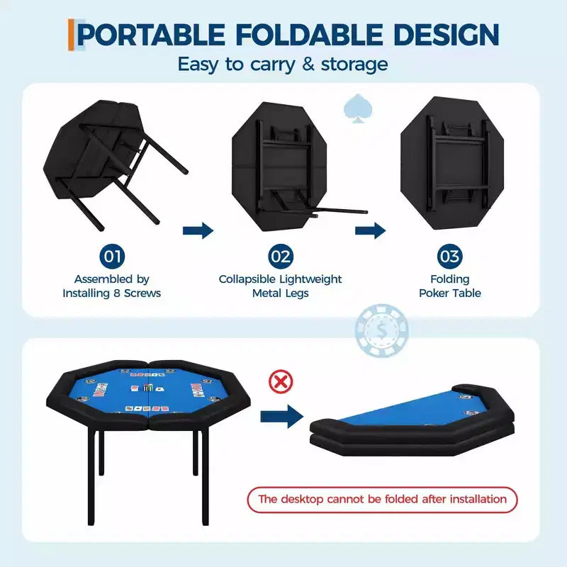 Table de poker pliante de 48 pouces, Table de jeu octogonale avec bords rembourrés, Porte-gobelets en acier inoxydable, Pieds repliables, 8 joueurs pour le Texas Hold'em